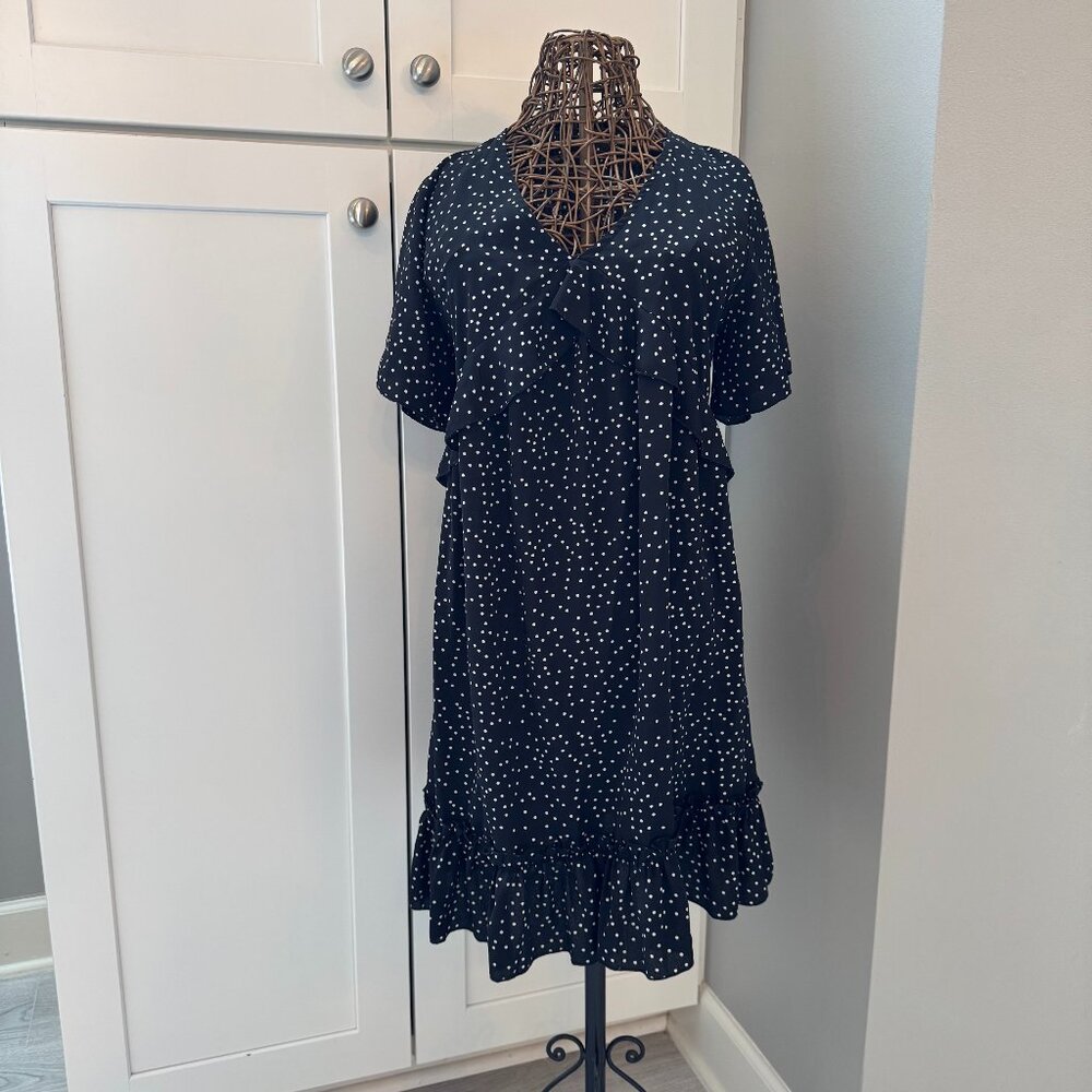 Polka Dot Ruffle A-Line Babydoll Mini Dress | Polka Dot Black White | Size Large